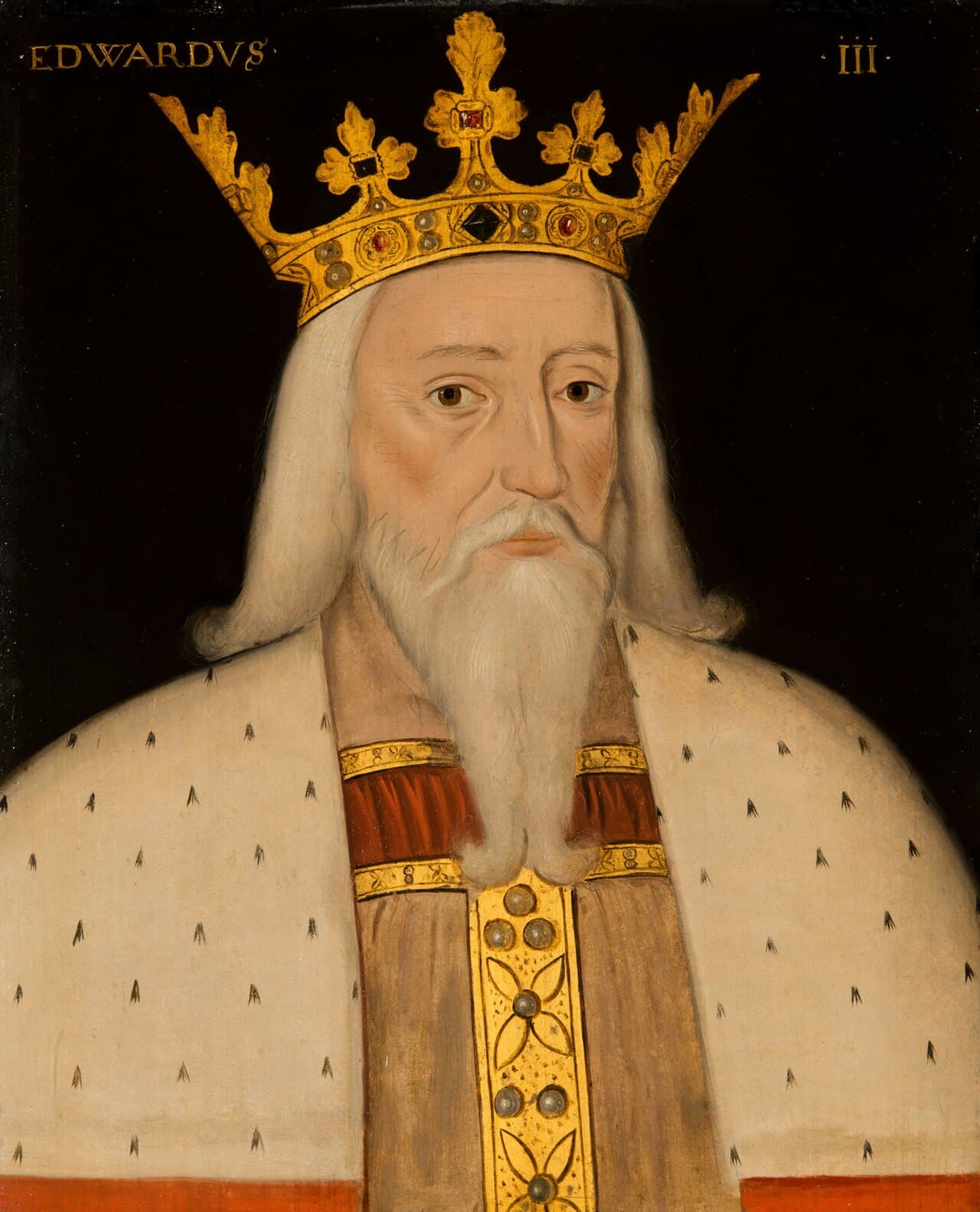 Late sixteenth-century painted portrait of King Edward III in crown and ermine-trimmed robes