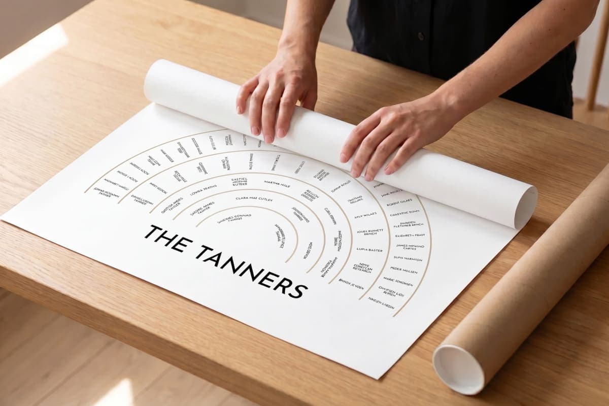 An unframed fan chart print unrolled on a table