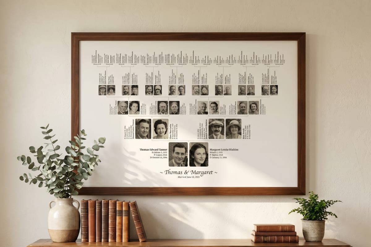A framed pedigree chart hung above a sideboard