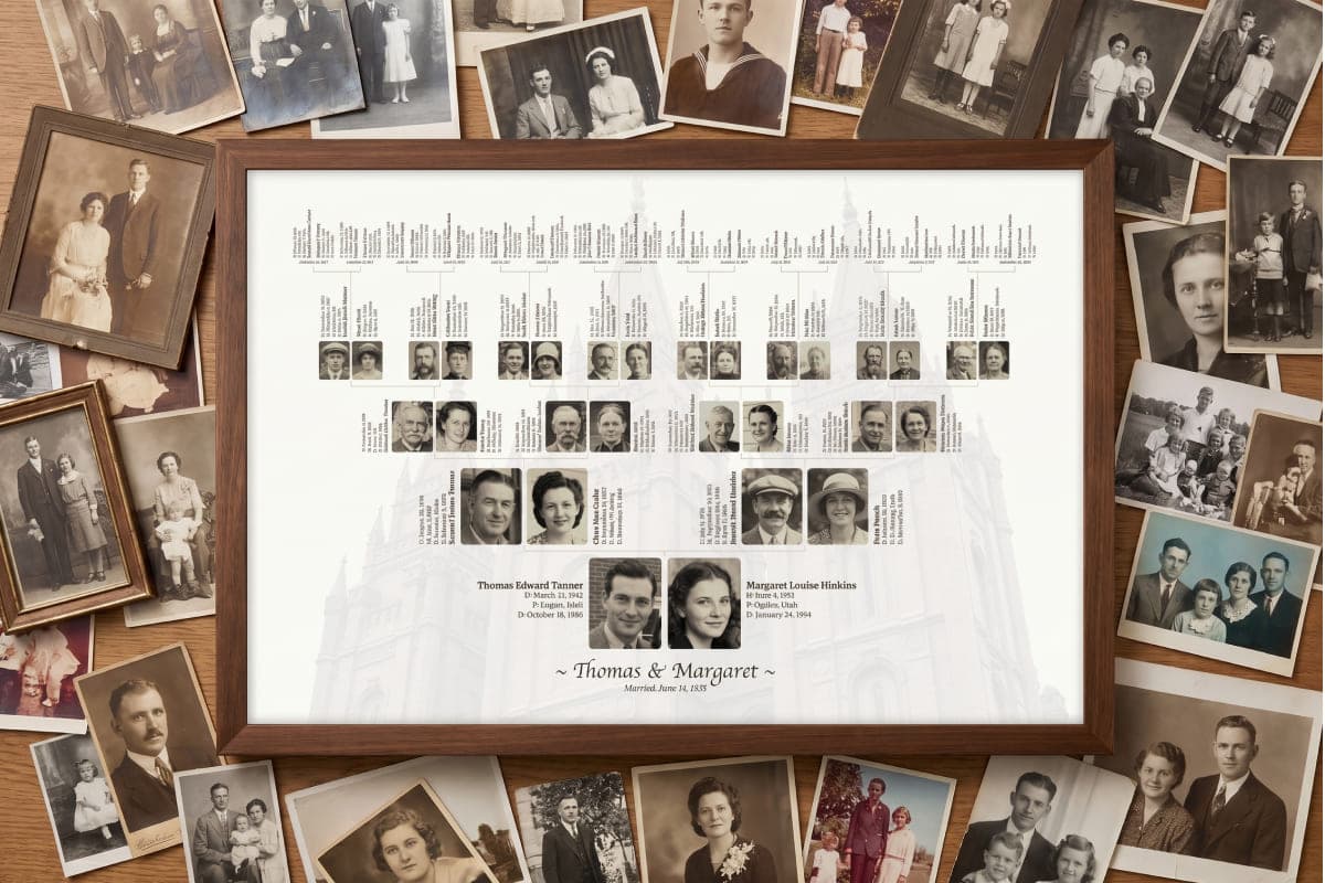 A framed pedigree chart lying on a table, surrounded by the original vintage family photographs it was built from