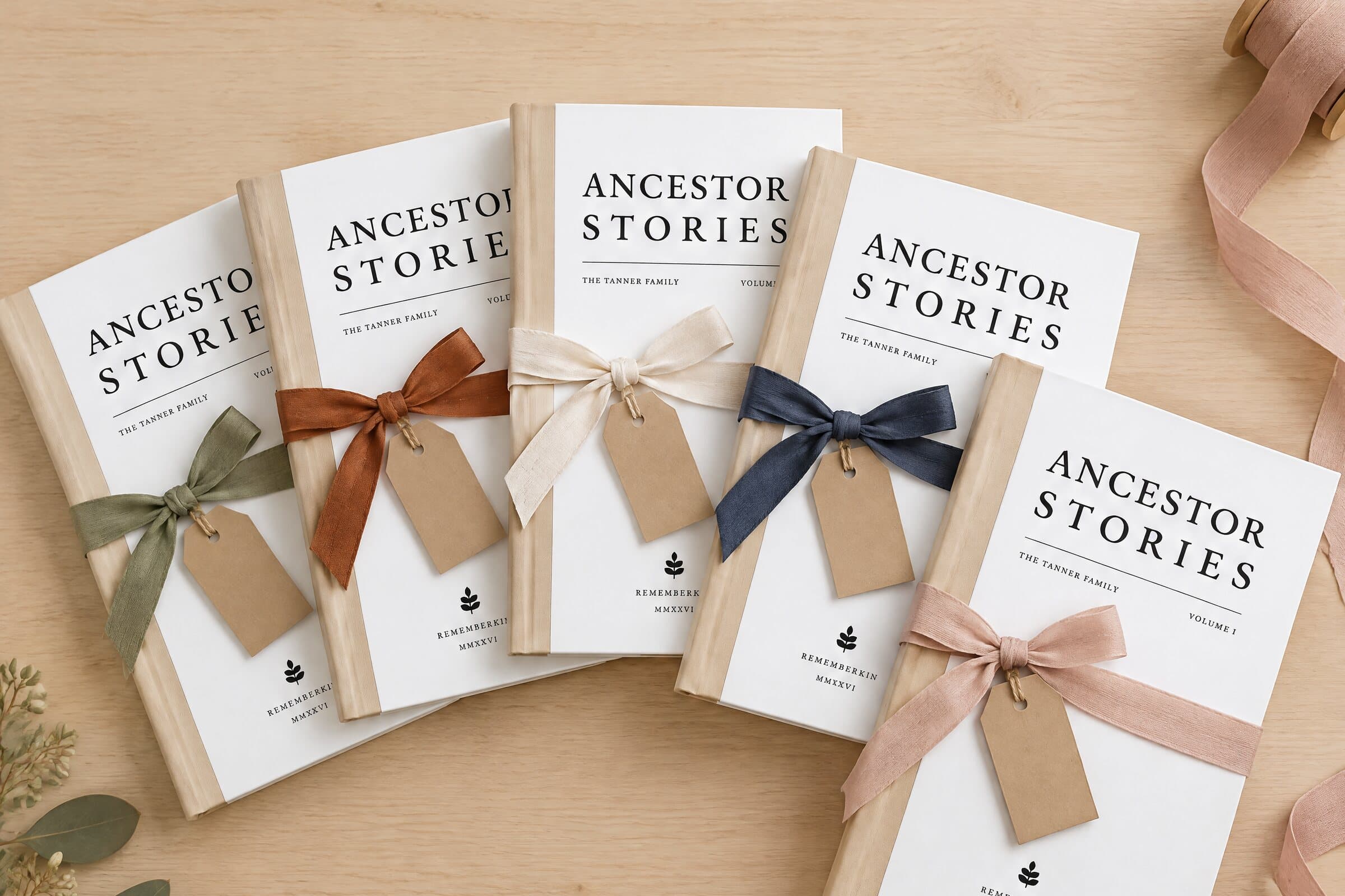 Five copies of the Ancestor Stories book tied with different colored ribbons