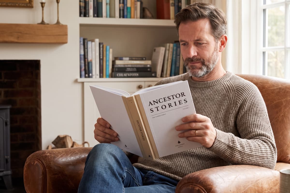 A family enjoying their printed ancestor keepsakes together