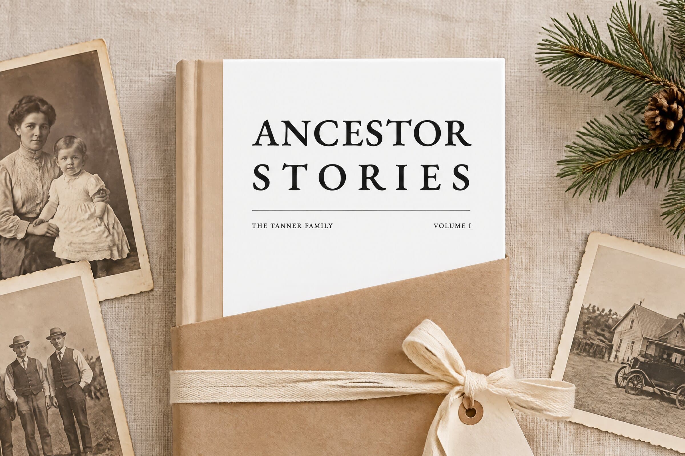 The Ancestor Stories book half-wrapped in kraft paper among old family photographs