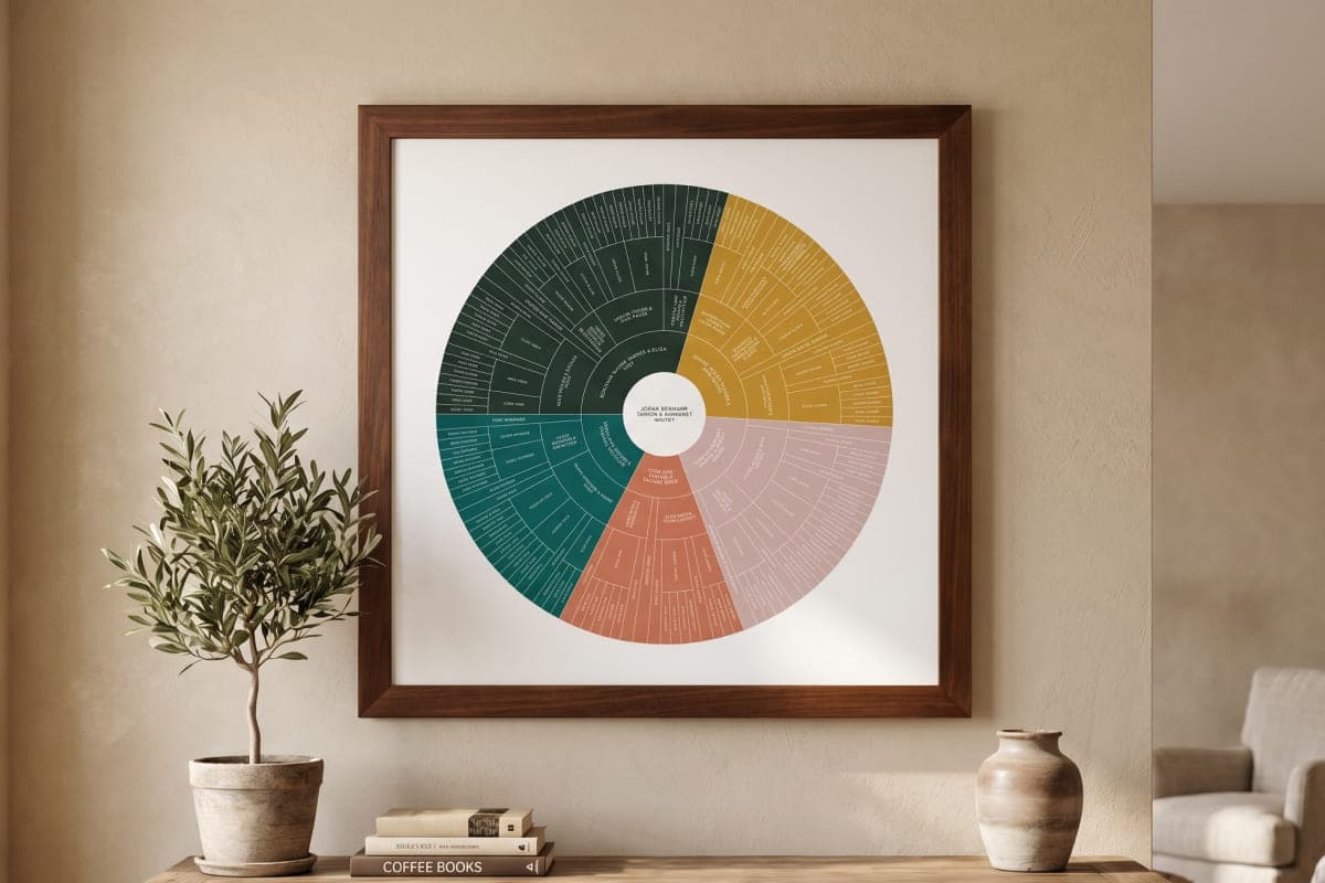 A descendancy chart in a walnut frame, its four color-coded family lines radiating from one couple at the center