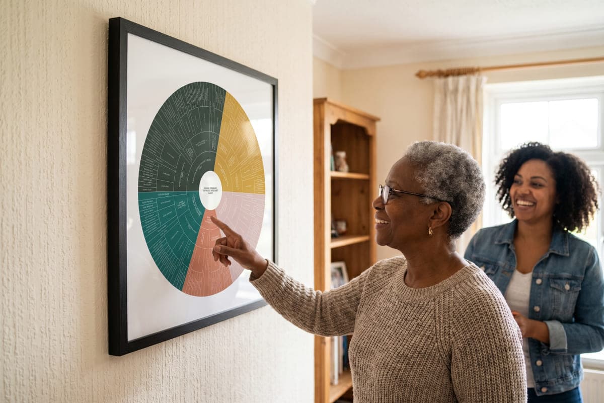 A family looking at a framed descendancy chart