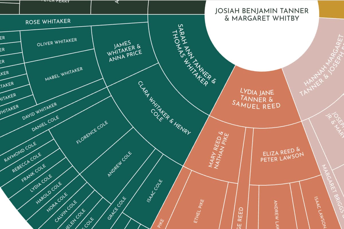 Close crop of a descendancy chart showing color-coded wedges of descendants around a central couple