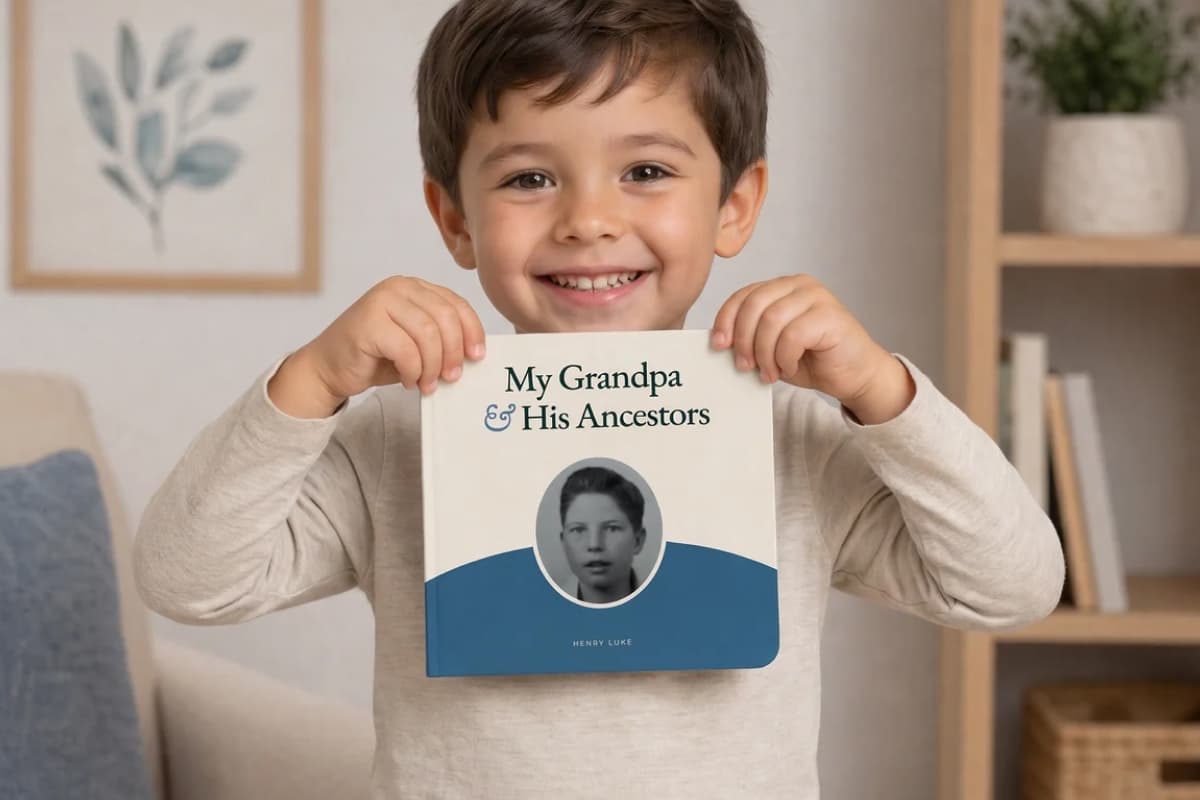 A smiling boy holding the My Grandpa & His Ancestors board book